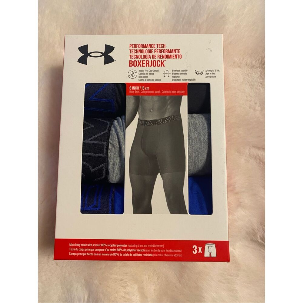 Under Armour Boxerjock Boxer Briefs Size M 3 Pack Underwear 6" Inseam Black Blue